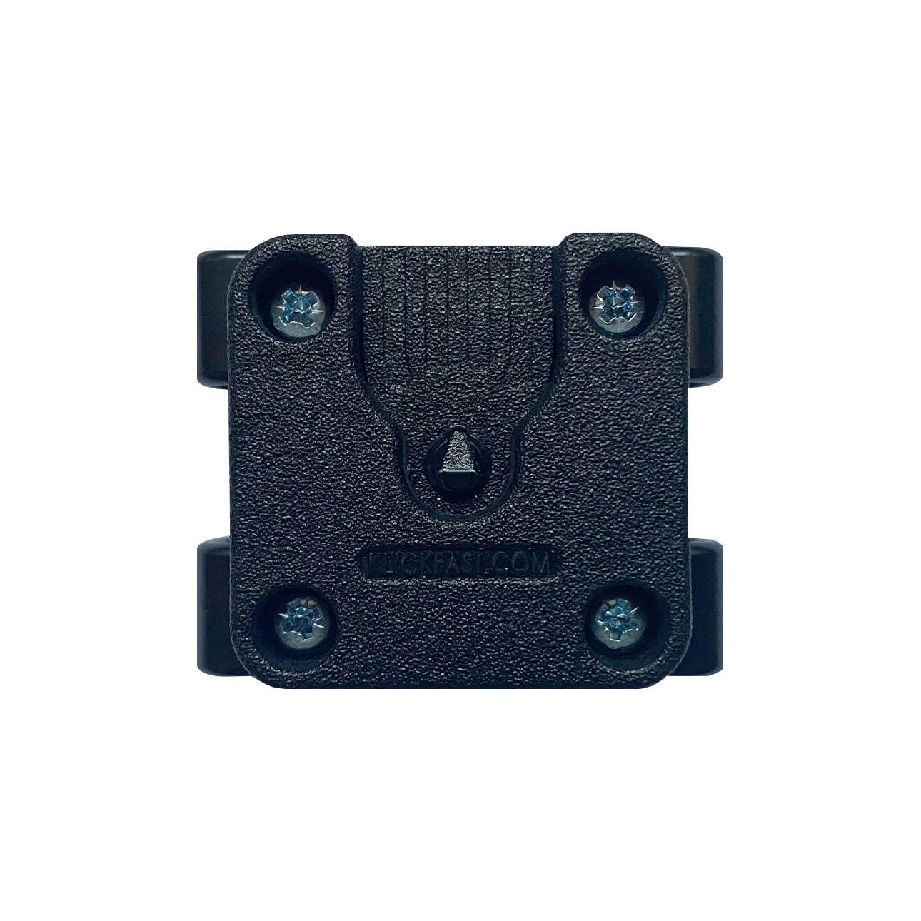 Black square plastic component with four screws.