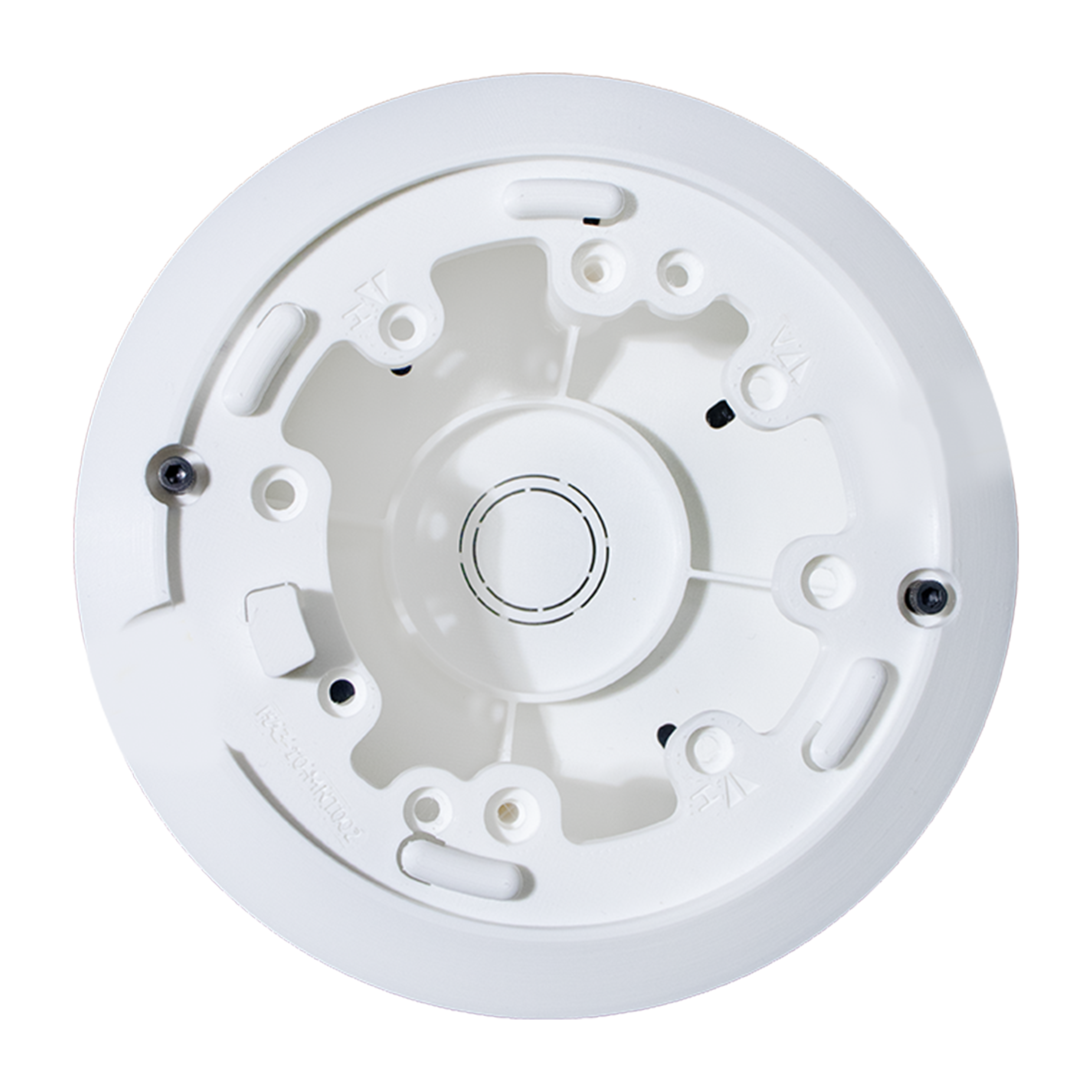 White round base with screw holes and central circular recess.