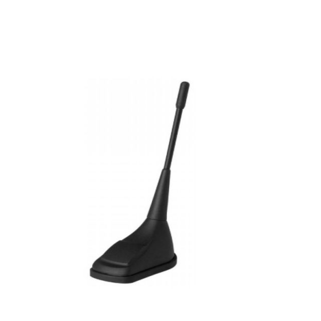 Black gooseneck microphone with long shaft and square base.