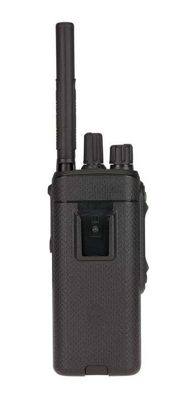 Handfunkgerät mit Antenne und Reglern, gesehen von hinten.