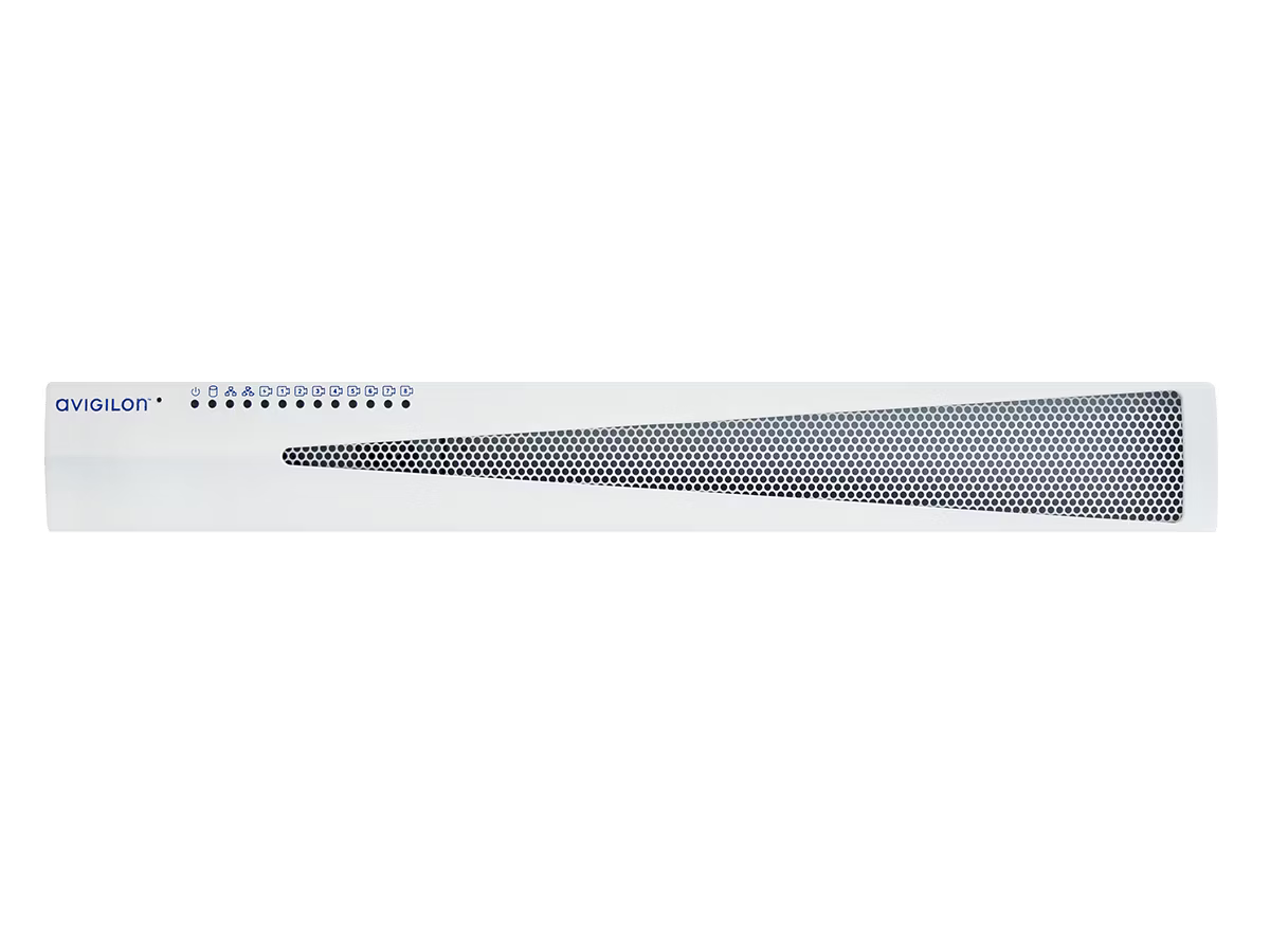 Weiße elektronische Gerät mit Lochmuster und LED-Anzeigen oben links.