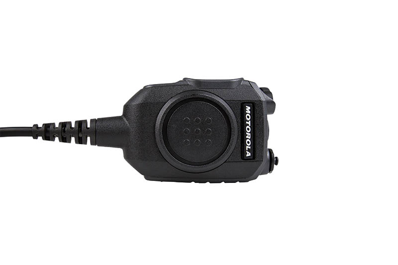 Handheld radio with cable connection on white background.