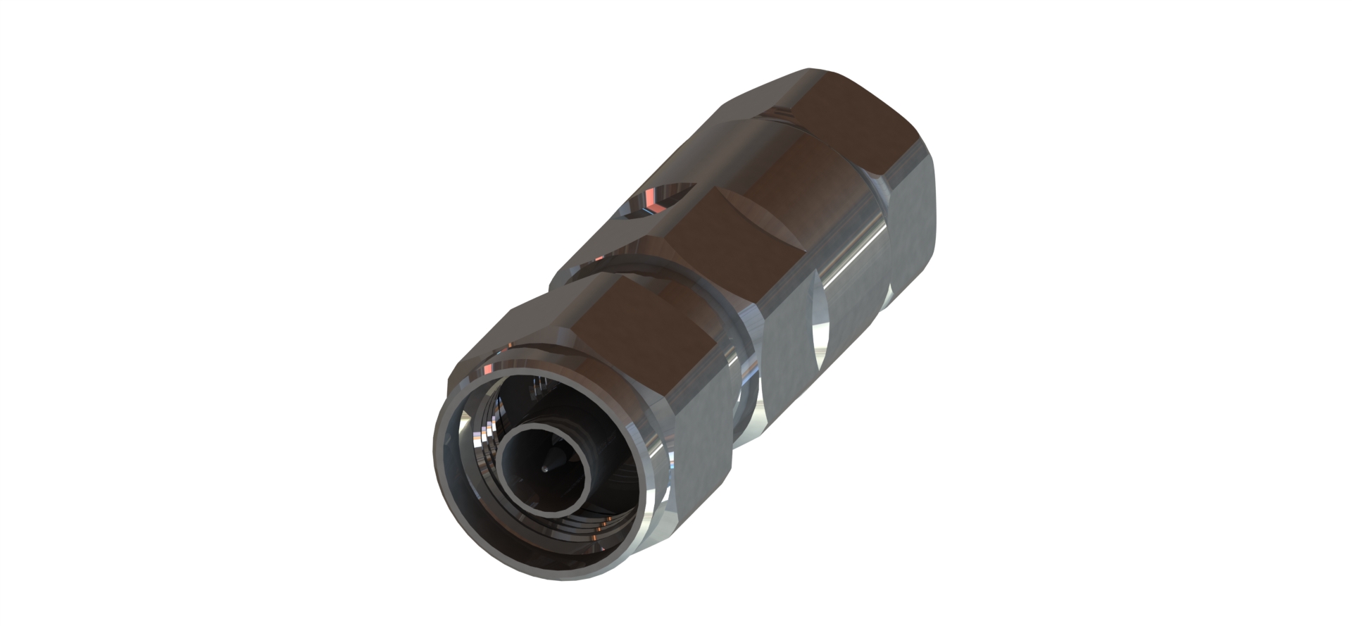 7000_00757830_RFS_01.jpg Metal bulkhead adapter for coaxial cables with hexagonal body.