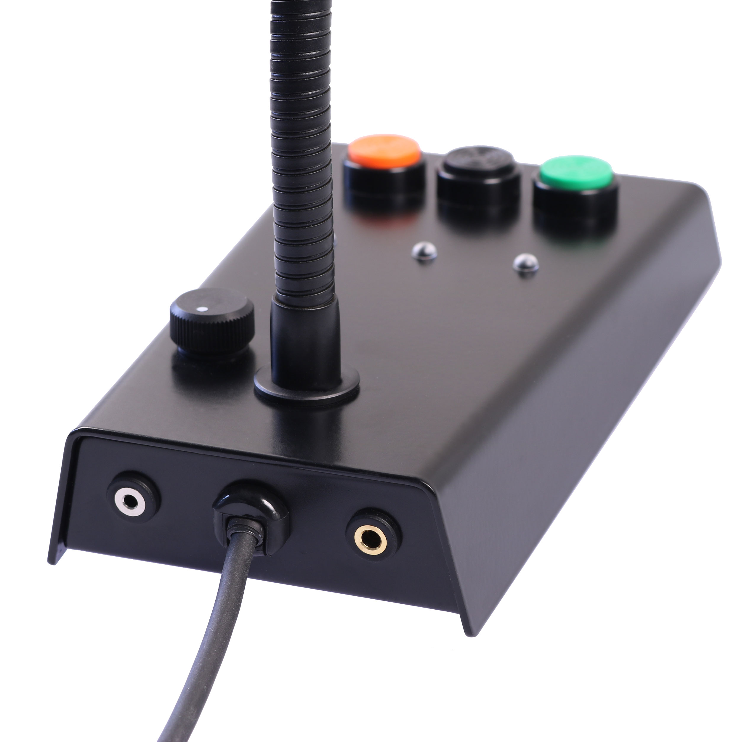 6402-00800141_3-1.jpg Black control unit with cable connection, knob, microphone arm, colored buttons and jacks.