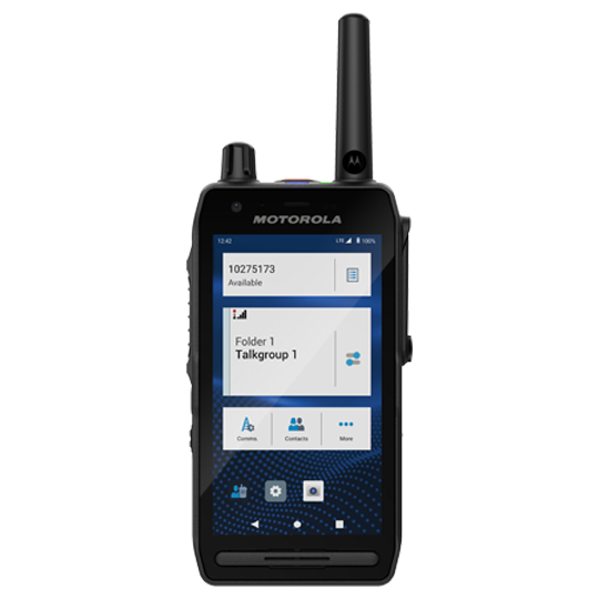 Radio device with antenna and display showing contacts and groups.