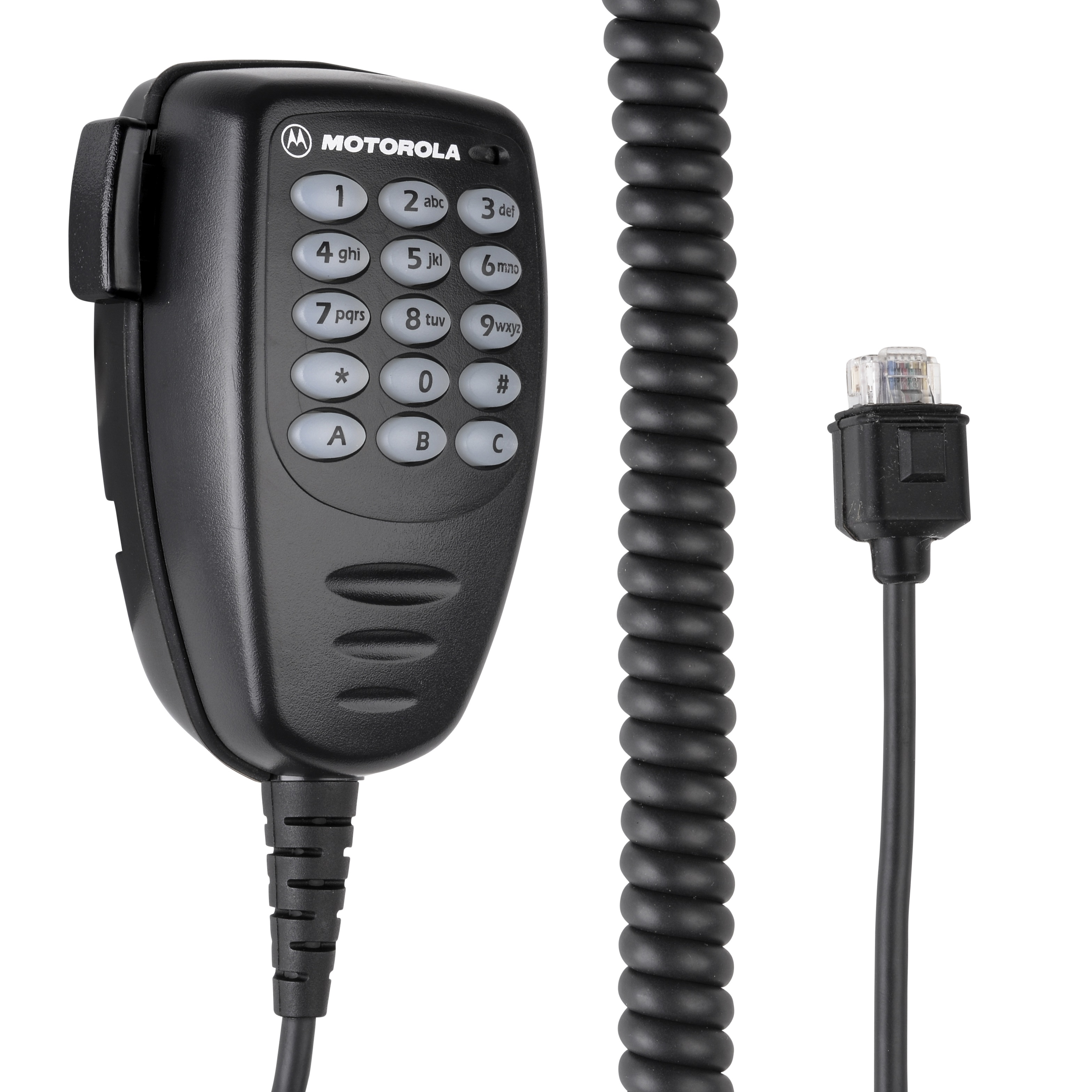 Schwarzes Handgerät mit Tasten, Spiralkabel und Stecker.