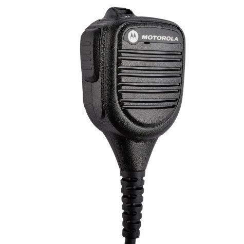 Schwarzes Motorola Mikrofon mit Kabelanschluss.
