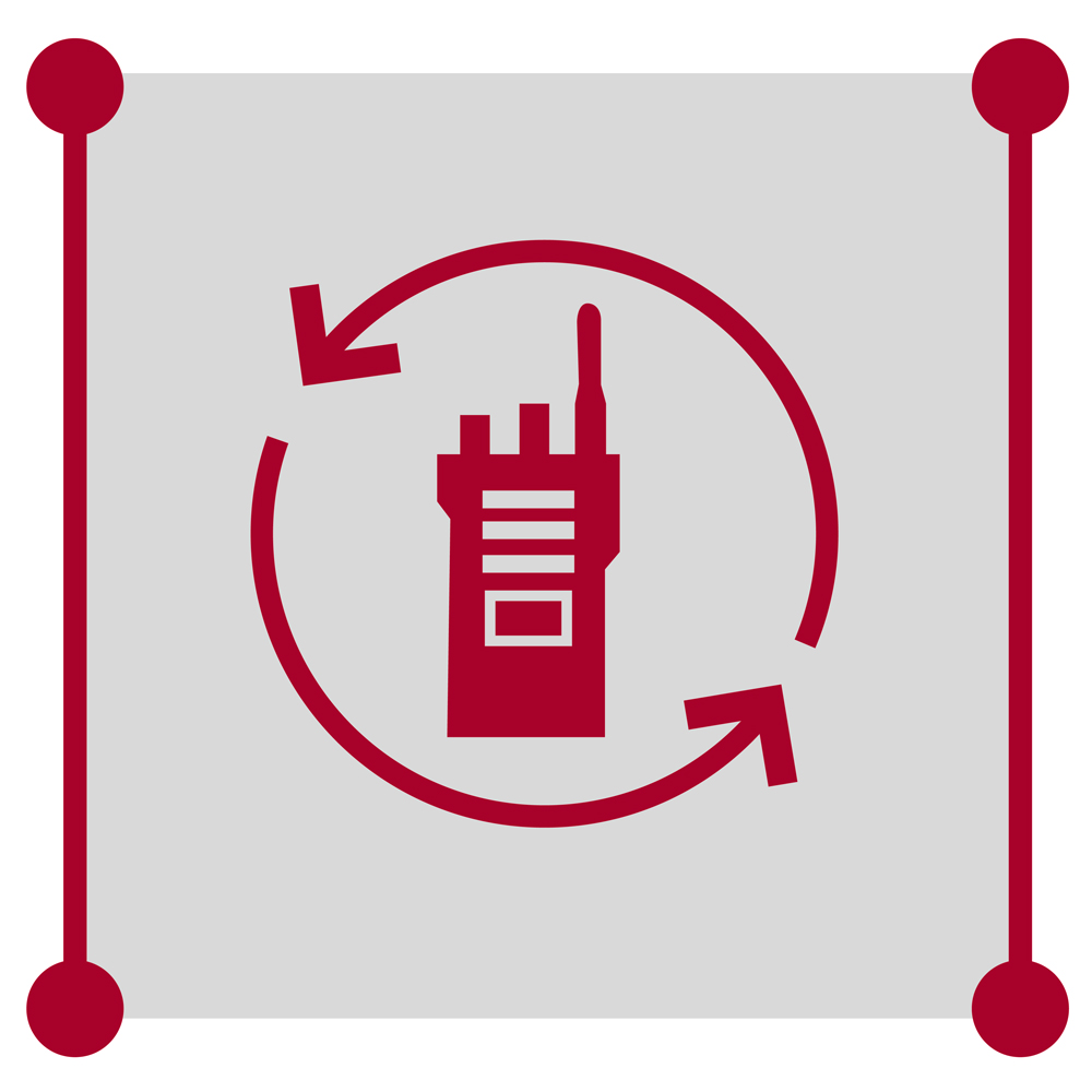 Red walkie-talkie with circular arrows on gray background.