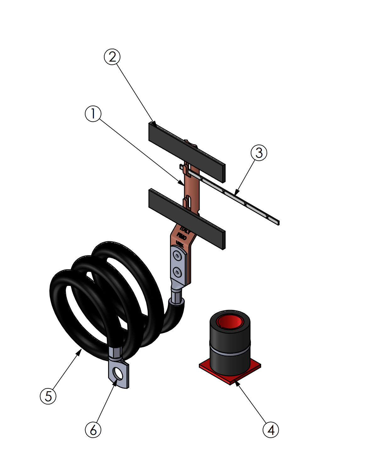 Exploded view of an electrical component with cable, terminals, and insulators.