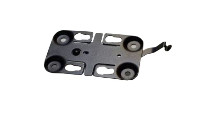 Black metal bracket with four mounting holes and a hook.