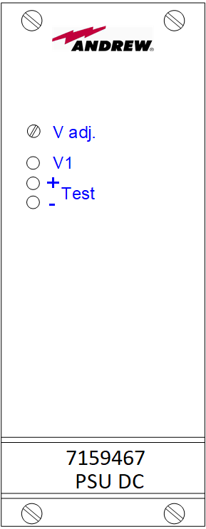 7000_00757797_COM_01.png White box with Andrew logo, four circles: V adj., V1, +, Test. Below number 7159467, PSU DC.