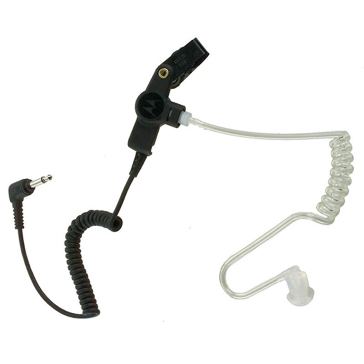 Earpiece with clear tube and coiled cable, 3.5mm jack plug.