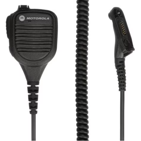 Handheld microphone with coiled cable and connector for radios.