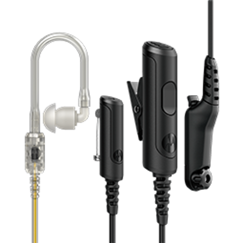 Headset with earbud, microphone, and cable clip.