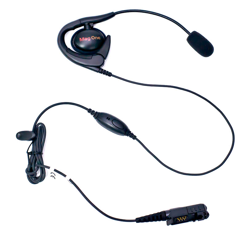 Schwarzes Ohrbügel-Headset mit Mikrofon und Kabel.