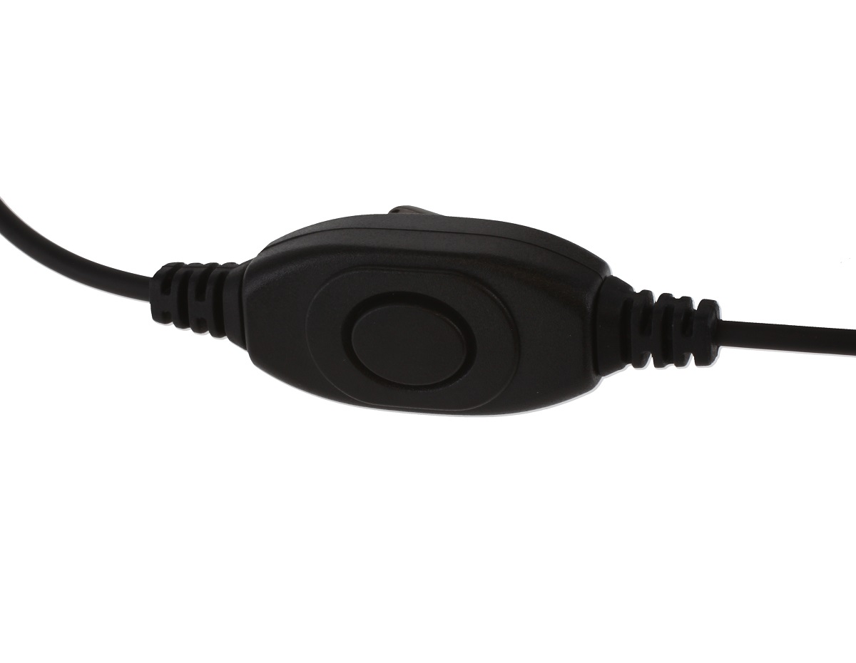 Black cable switch with a round push button in the center.