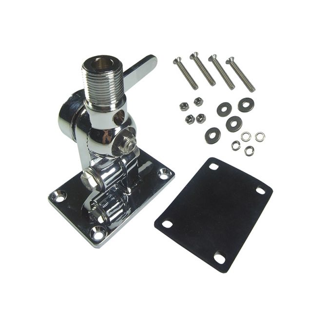Chrome mount with screws, nuts, washers, and gasket on white background.