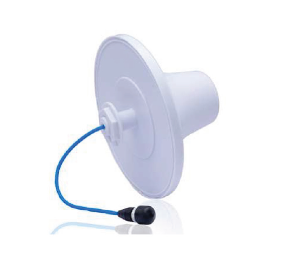 Weiße Deckenantenne mit blauem Kabel und schwarzem Abschluss.
