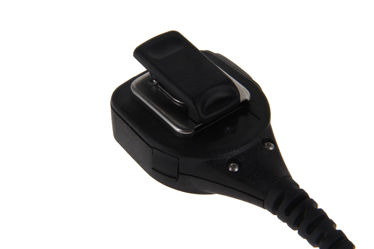Black radio microphone with clip attachment, close-up.