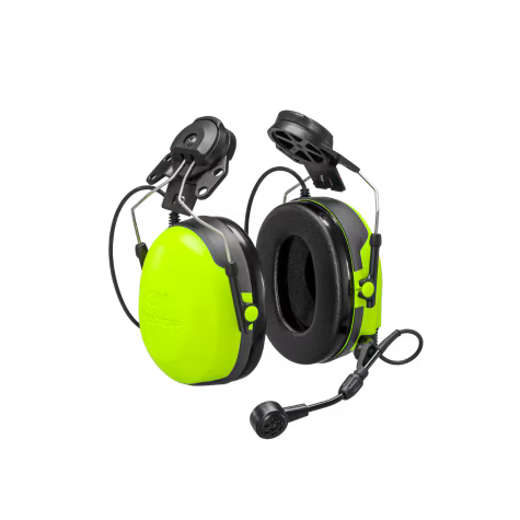 Grüne Gehörschutz-Kopfhörer mit Mikrofon und verstellbarem Bügel.