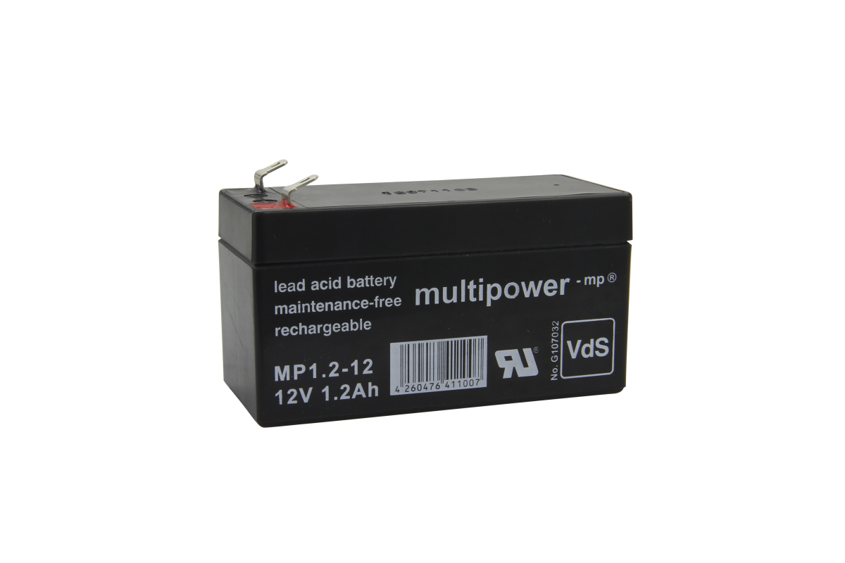 Schwarze Blei-Säure-Batterie, 12V, 1.2Ah, wiederaufladbar, wartungsfrei.