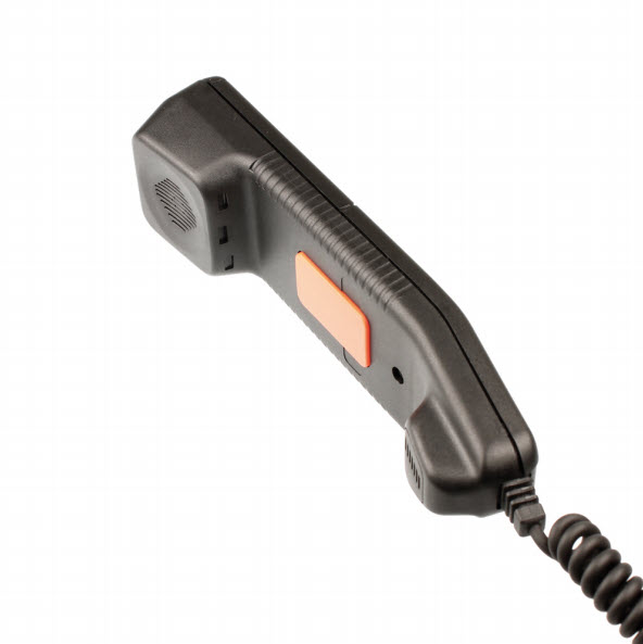 01-6506-02600251_pei_01.jpg Schwarzer Telefonhörer mit orangefarbenem Knopf und Spiralkabel.