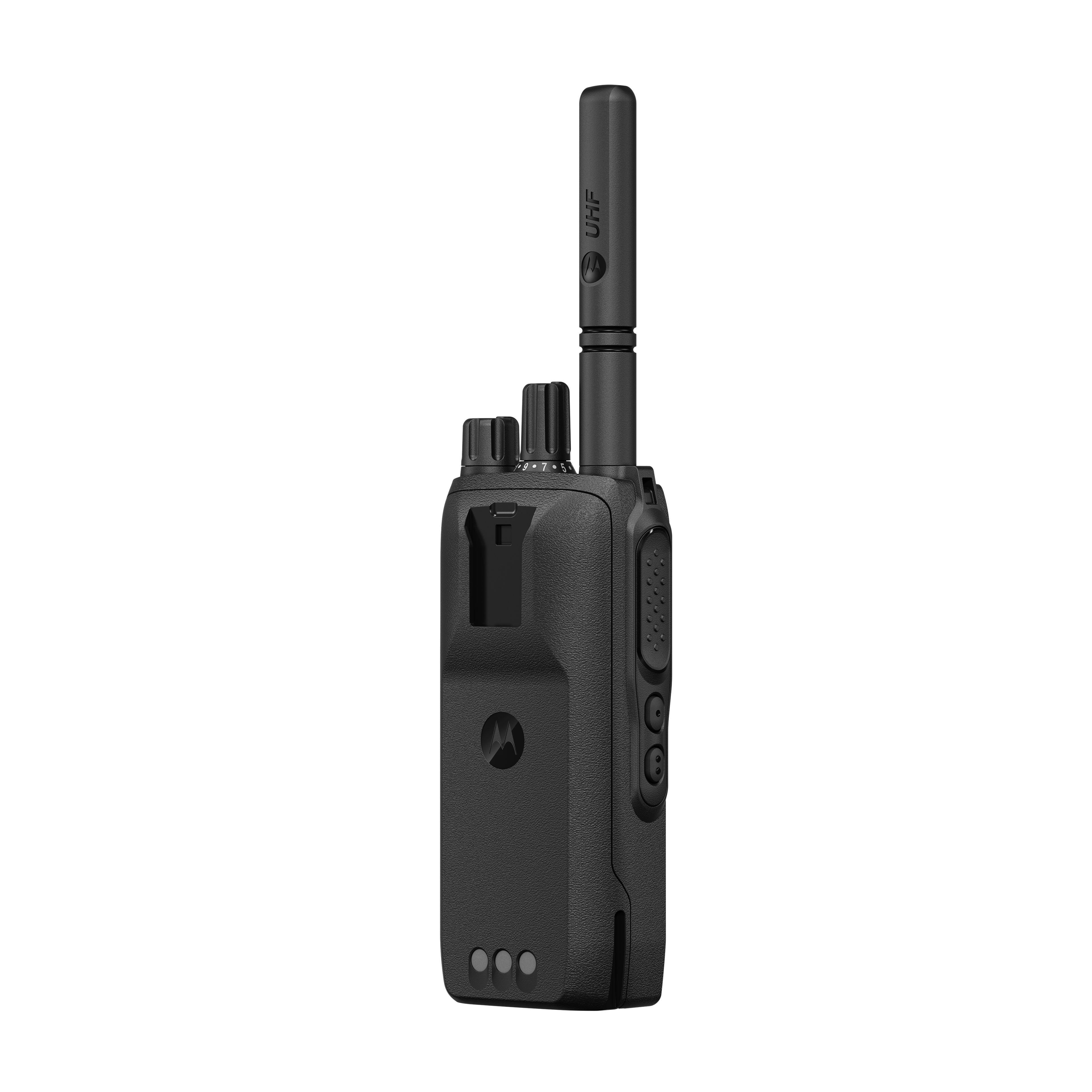 Schwarzes Handfunkgerät mit UHF-Antenne und Reglern.