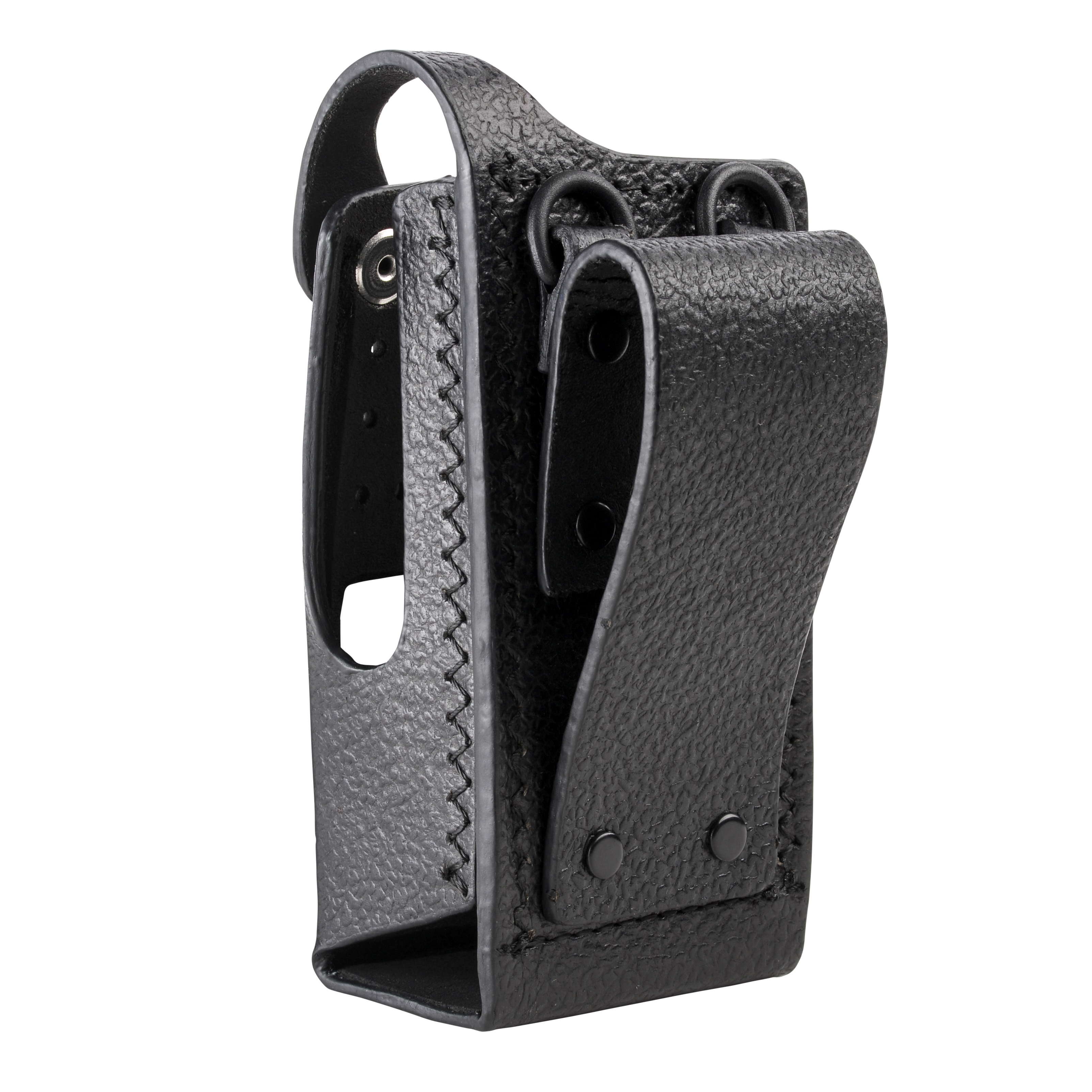 Black textured leather case with loops and snap buttons.