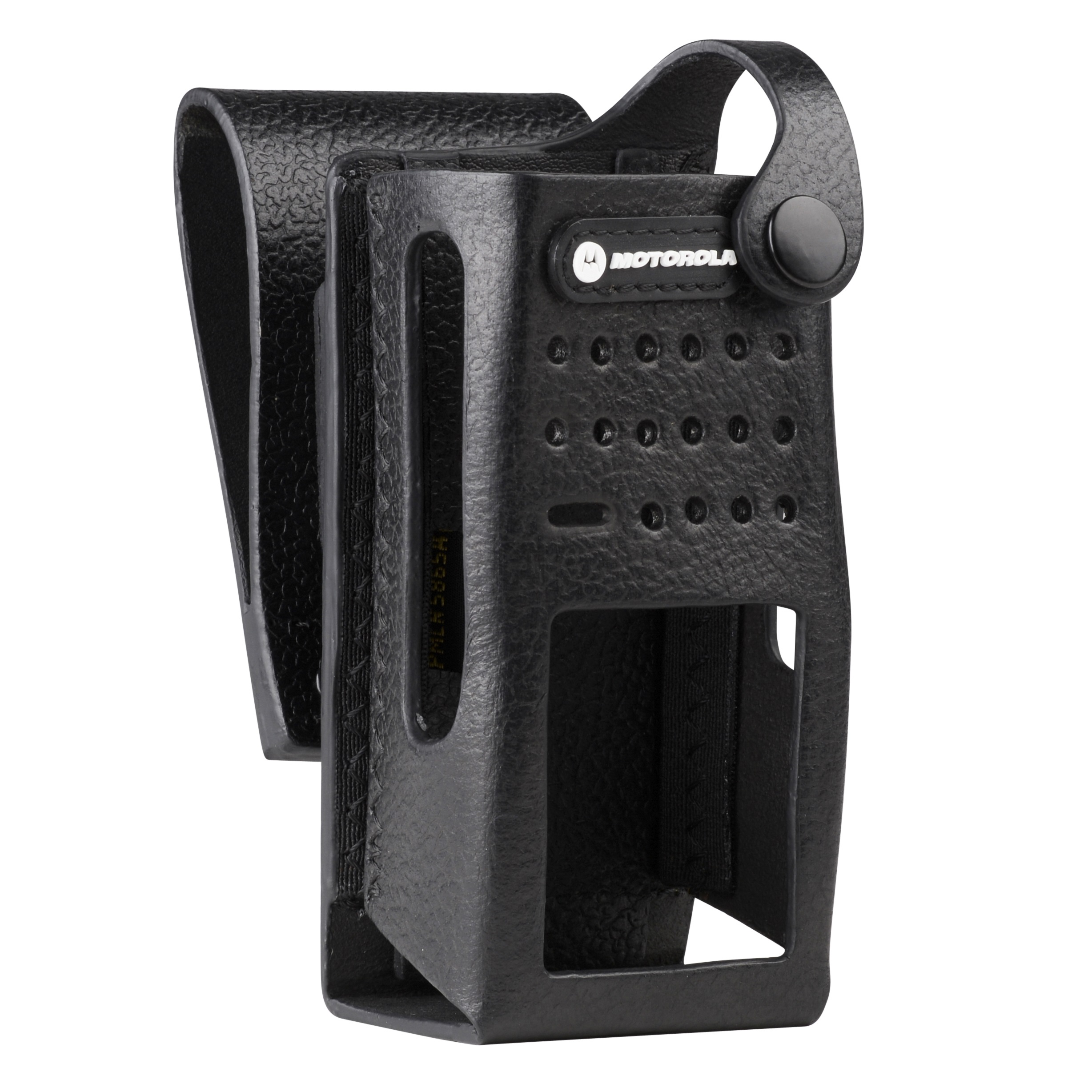 Black device case with holes and attachment clip.