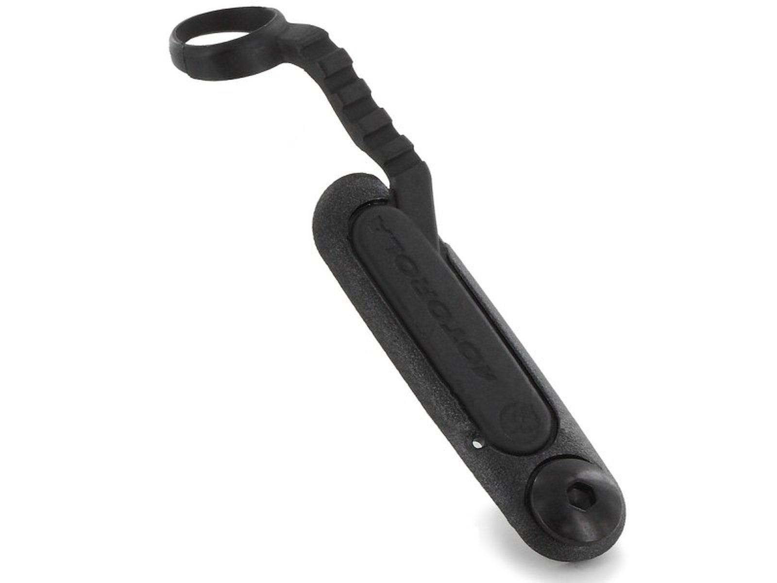 Black plastic tool with handle and ring-shaped hook.