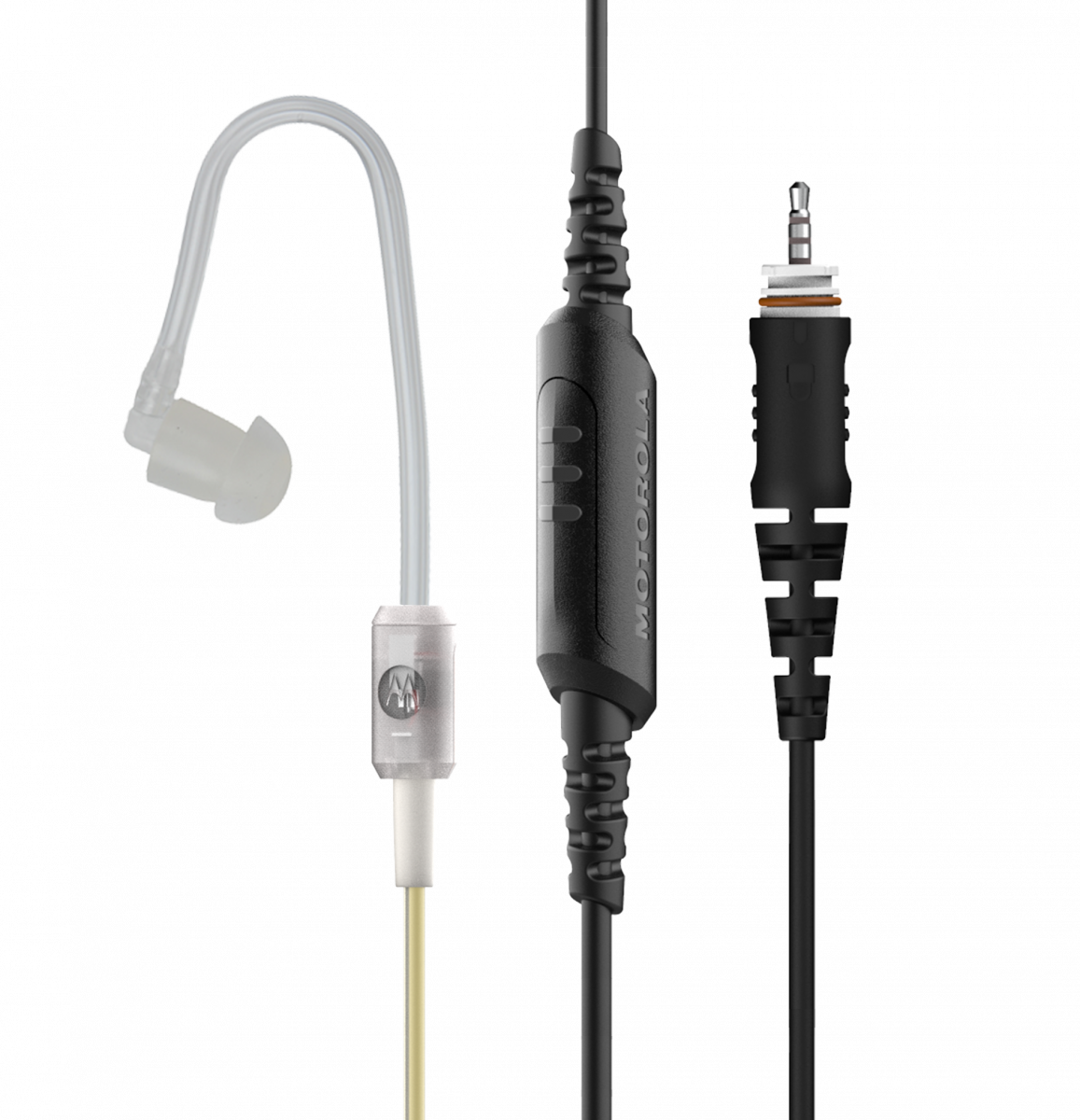Ohrhörer mit transparentem Schlauch und schwarzem Stecker, geeignet für Kommunikationsgeräte.