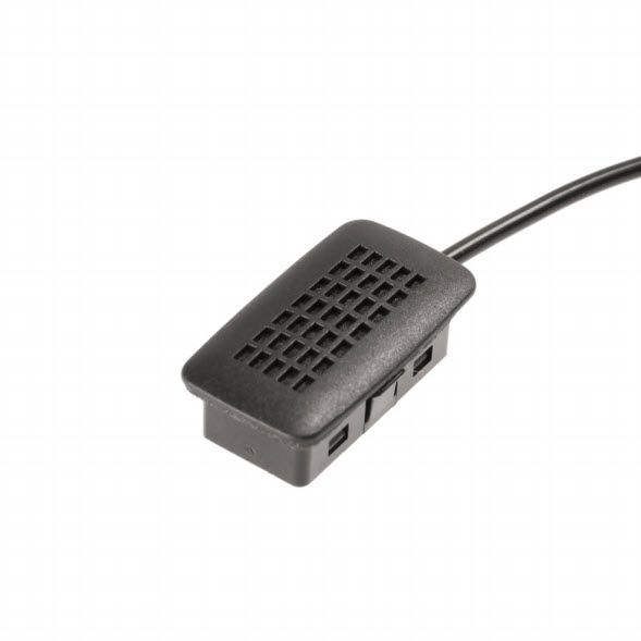 Schwarzer, rechteckiger Temperatursensor mit Gitter und Kabel.