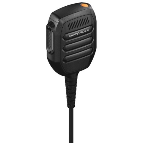 Schwarzes tragbares Funkmikrofon mit Kabel.