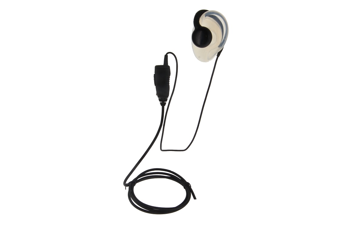 Ohrhörer mit durchsichtigem Haken und langem Kabel.