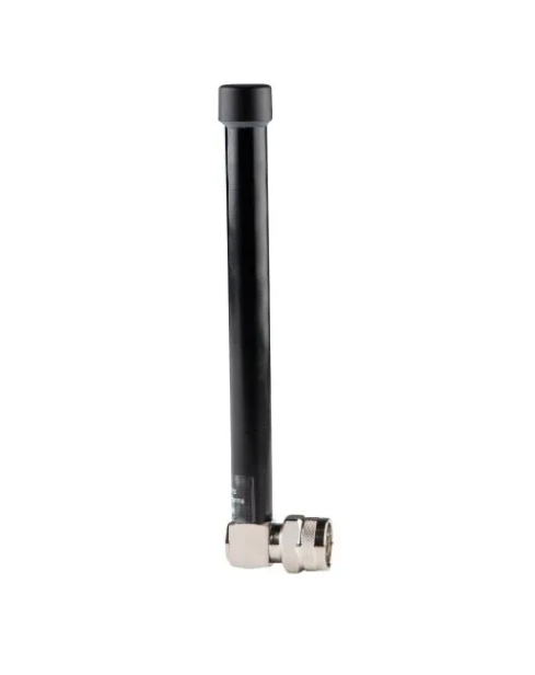Schwarze Antenne mit silbernem Sockel, vertikal ausgerichtet.