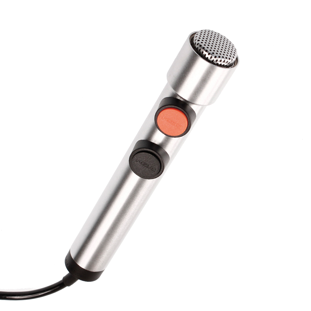 6208-005-000-02.jpg Silver microphone with black and red buttons on the handle.