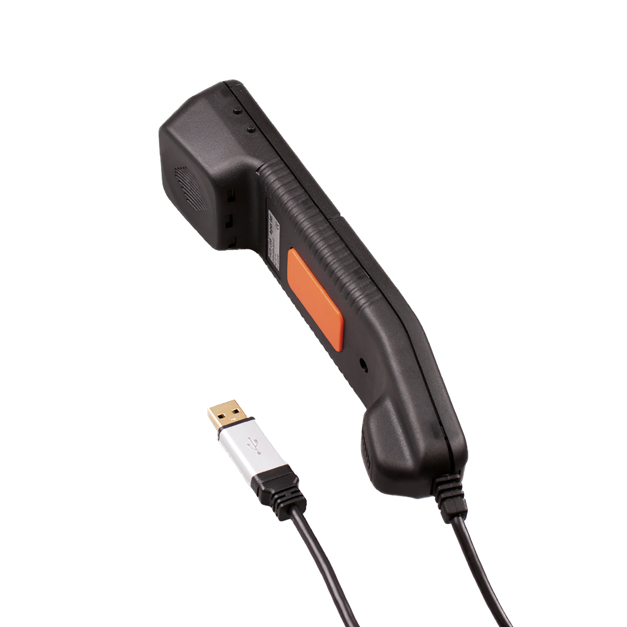 USB-Kabel mit schwarzem Handscanner, oranger Knopf.