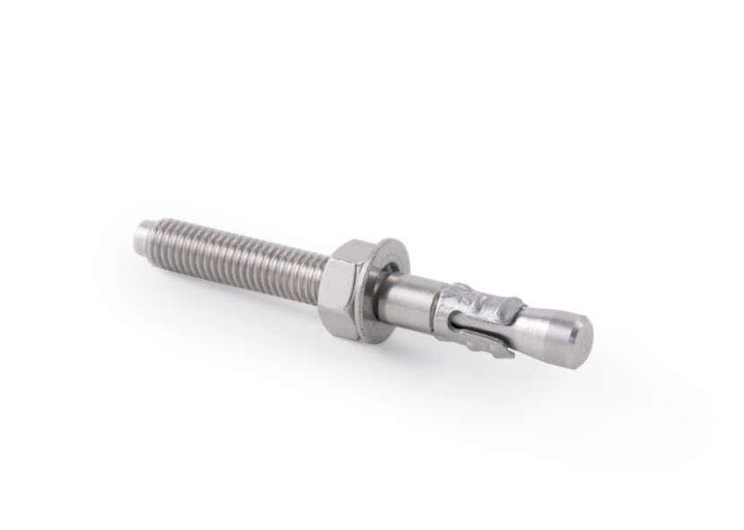 Metal anchor bolt with thread and hex nut on white background.