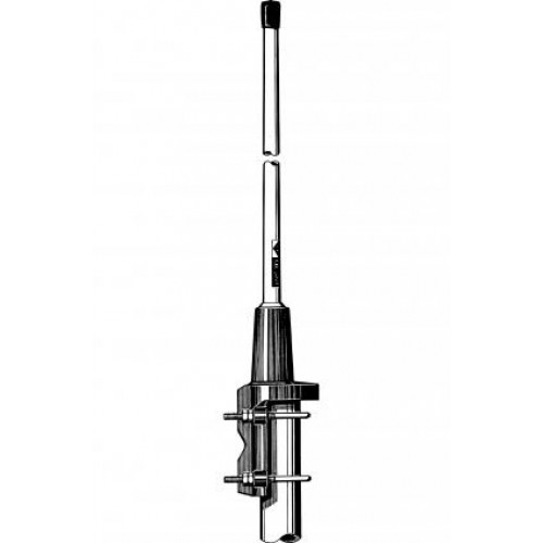Long rod antenna with solid base and two mounting clamps.
