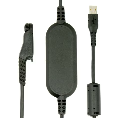 Schwarzes USB-Kabel mit Ferritkern und Klemmen für Rasierer.