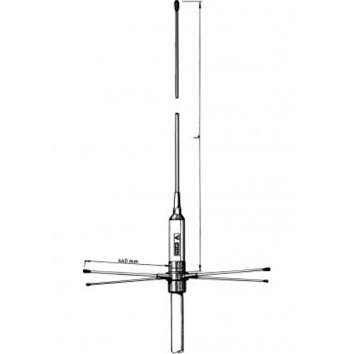 A vertical VHF antenna with multiple radial elements.