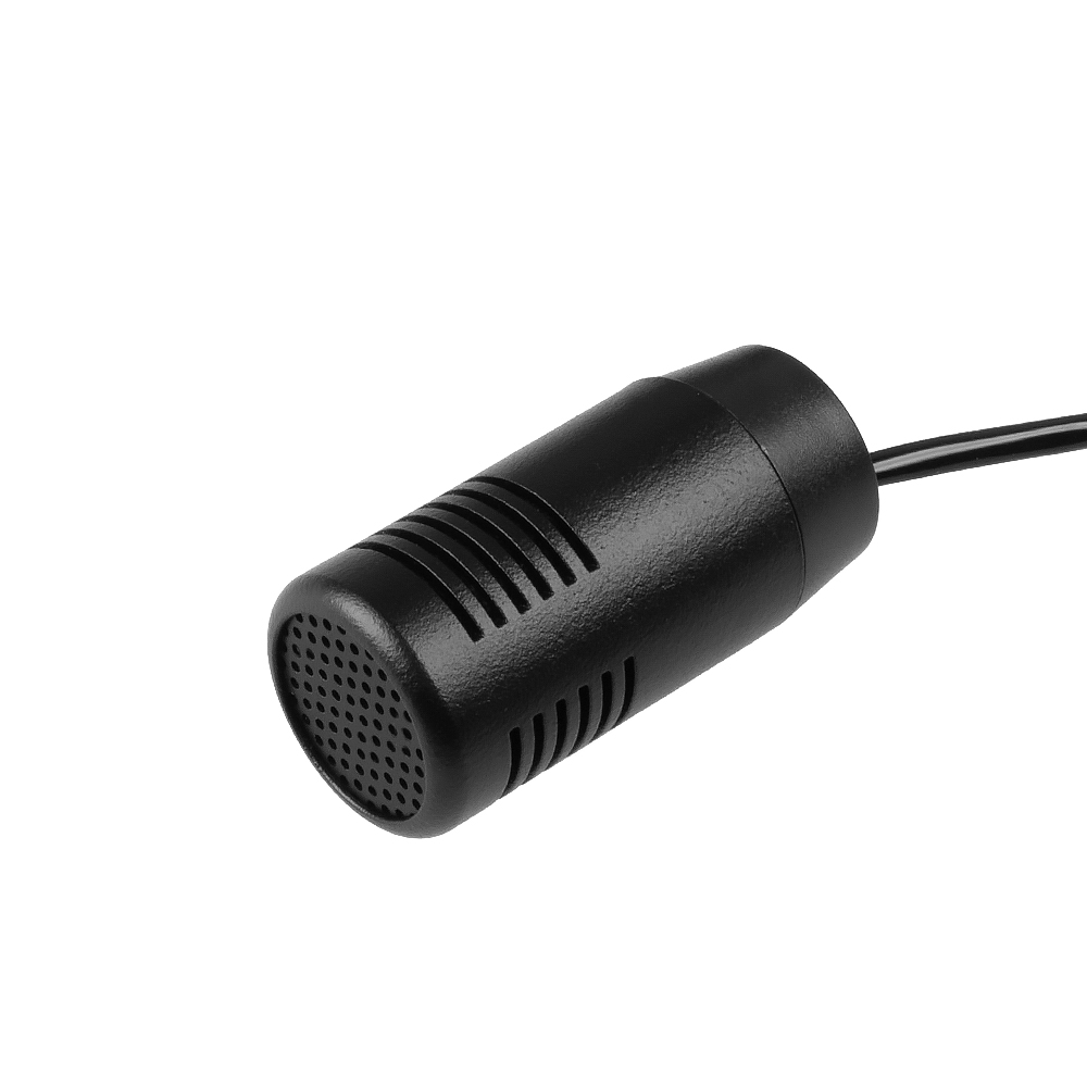 Schwarzes, zylindrisches Mikrofon mit Kabel, seitlich gerillt.