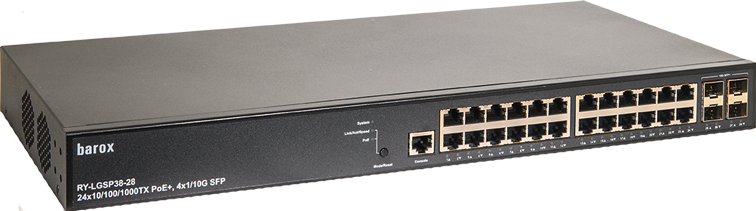 Network switch with 24 Ethernet ports and 4 SFP ports.