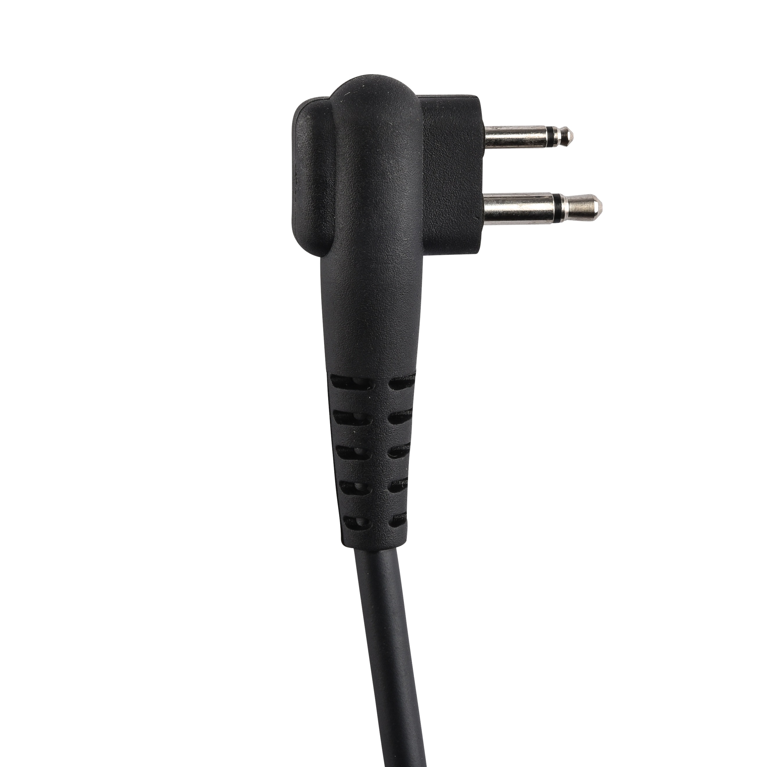 Black 90-degree plug with two metal pins and cable