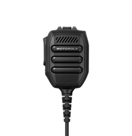 Black handheld microphone with built-in speaker, three buttons, and cable connection.
