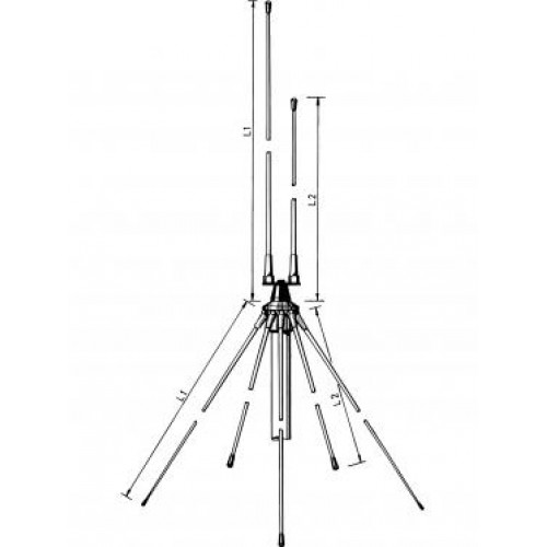 Technical drawing of an antenna with multiple rods at various angles.