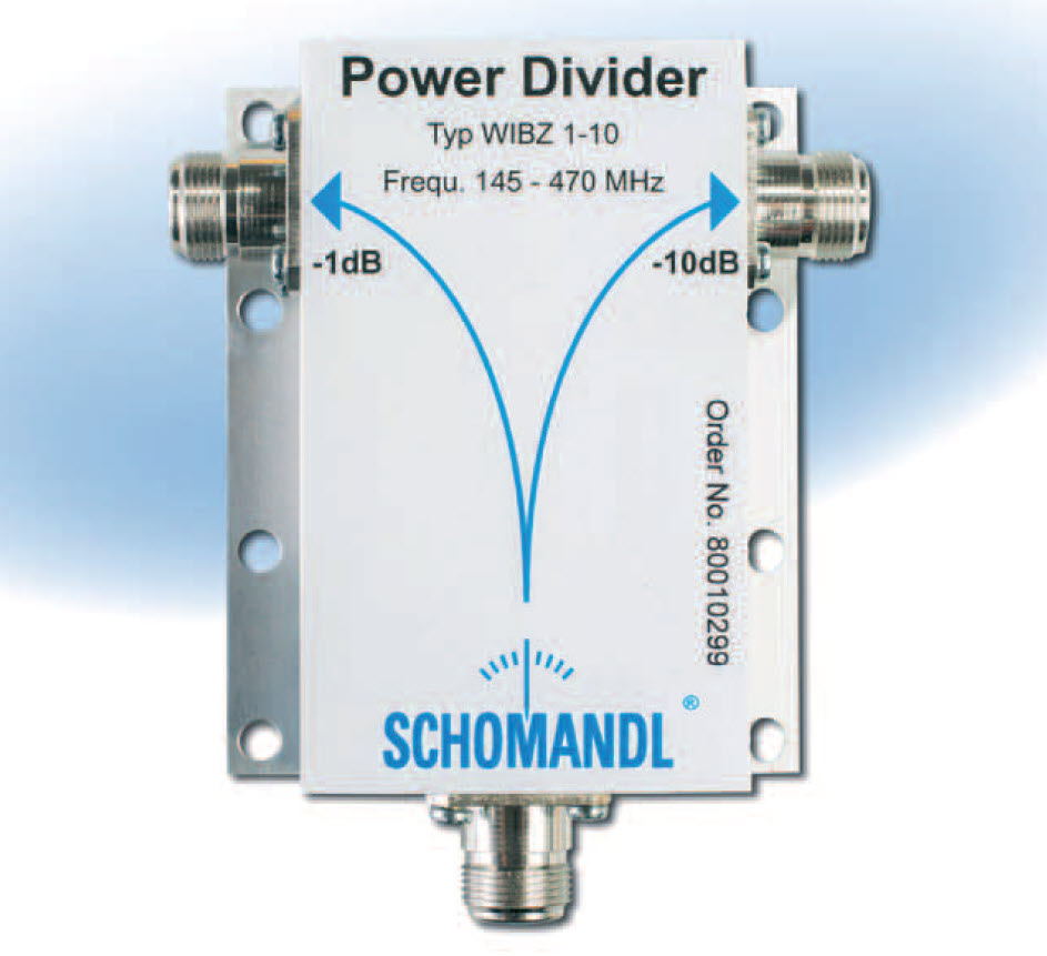 HF-Leistungsteiler 145-470 MHz mit einem -1 dB und einem -10 dB Ausgang.