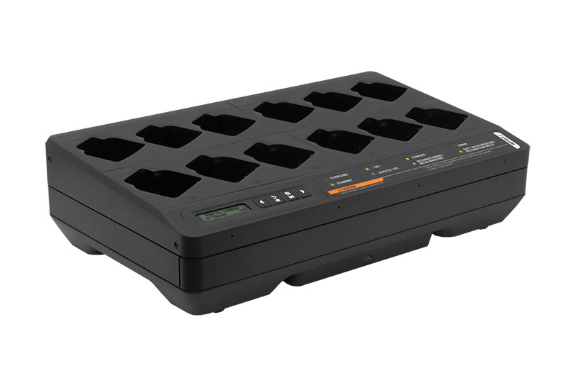 Black charger with ten slots for batteries and a display.