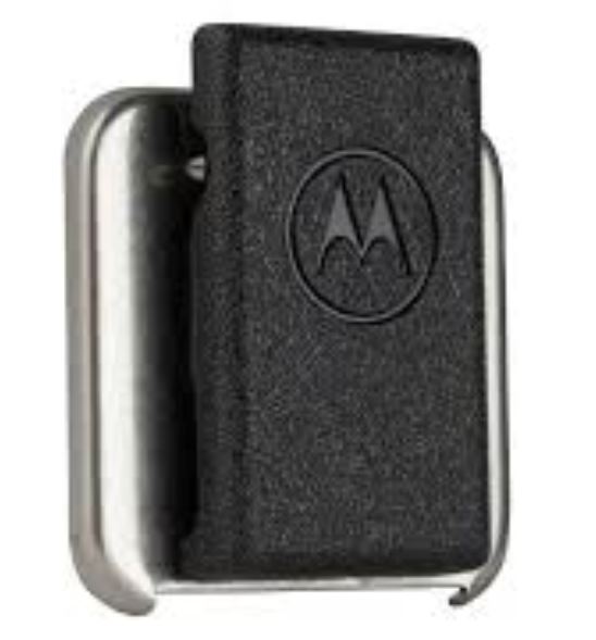 Schwarzer Gürtelclip mit Motorola-Logo auf silberner Halterung.