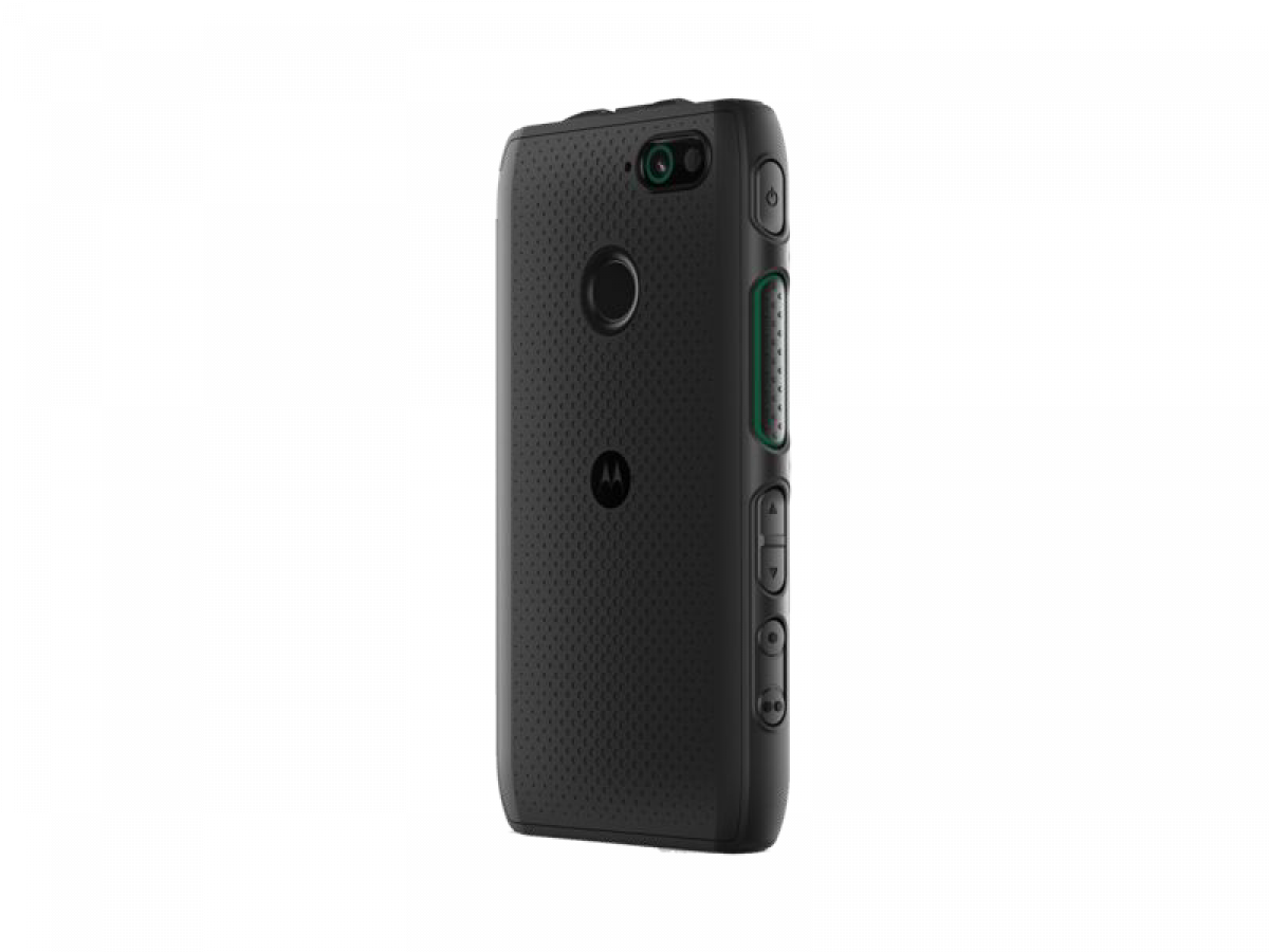 7000-00750590_mot_01.png Schwarzes Smartphone mit strukturierter Rückseite und seitlichen Tasten.